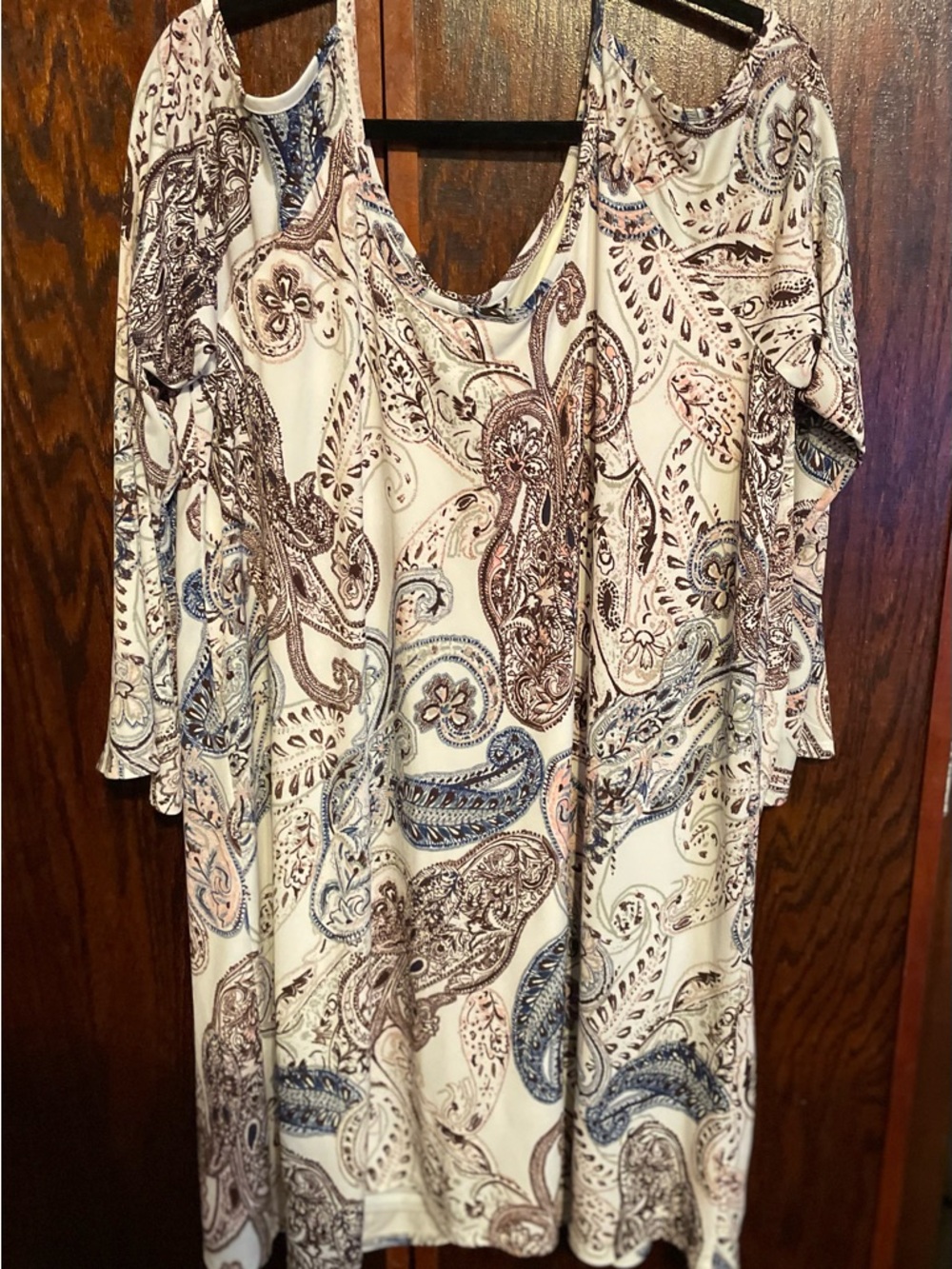 Cato Cream Paisley Cold-Shoulder Tunic with Blue and Brown Accents